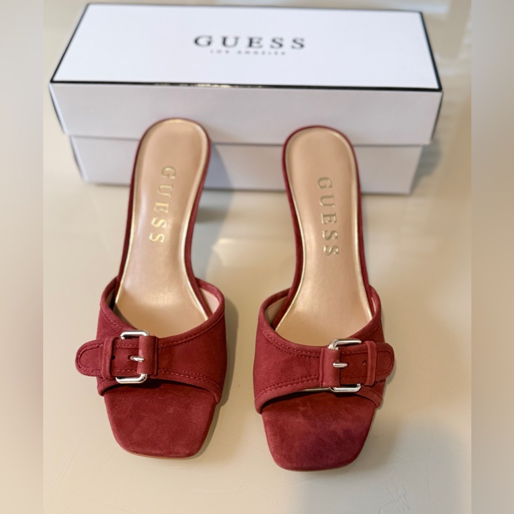 Guess Women's Dista Buckle Kitten Heel Dress Suede Sandals Dark Red Size 9M - Picture 4 of 9